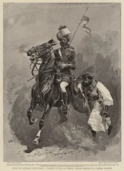 Mit der Mohmand-Feldtruppe, ein Reiter der 13. Bengal Lancers bringt einen Pathan-Gefangenen